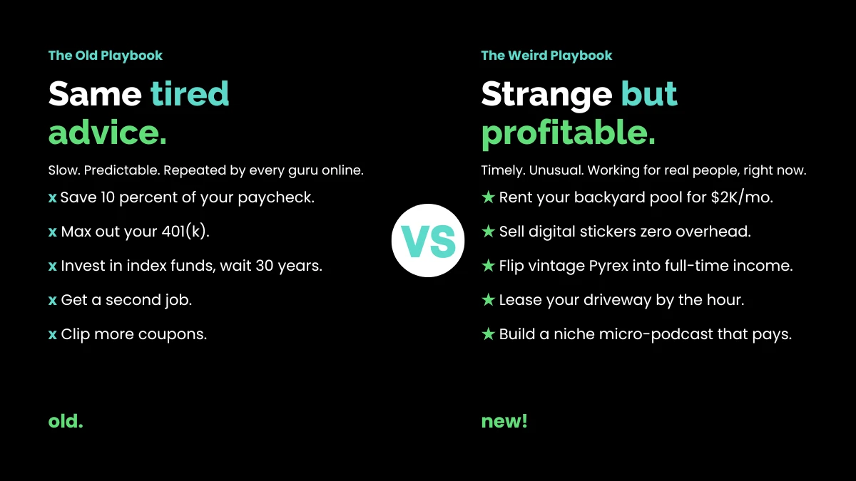 Same tired advice. vs Strange but profitable