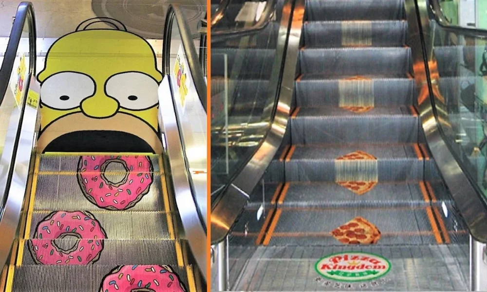 Escalator ads: Homer Simpson and donuts, pizza slices