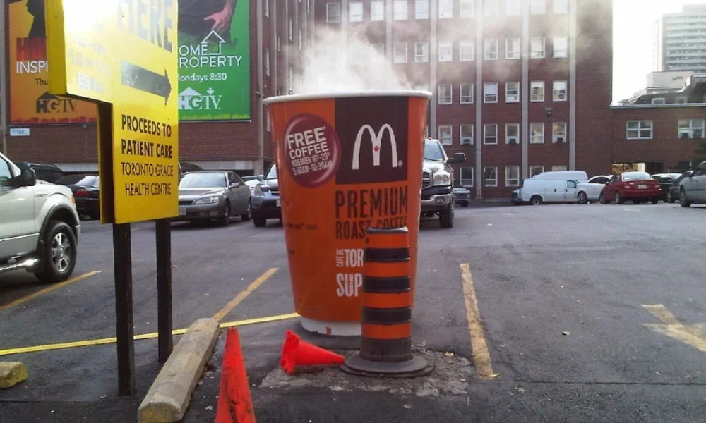 Giant McDonald's coffee cup steaming in parking lot