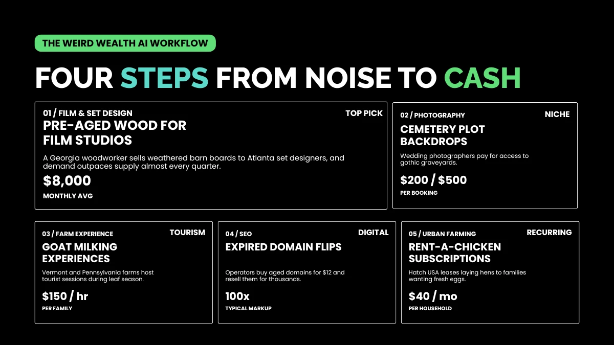 weirdwealth.io | Weird Wealth AI: How We Use AI to Find the Weirdest Money Hacks FOUR STEPS FROM NOISE TO CASH