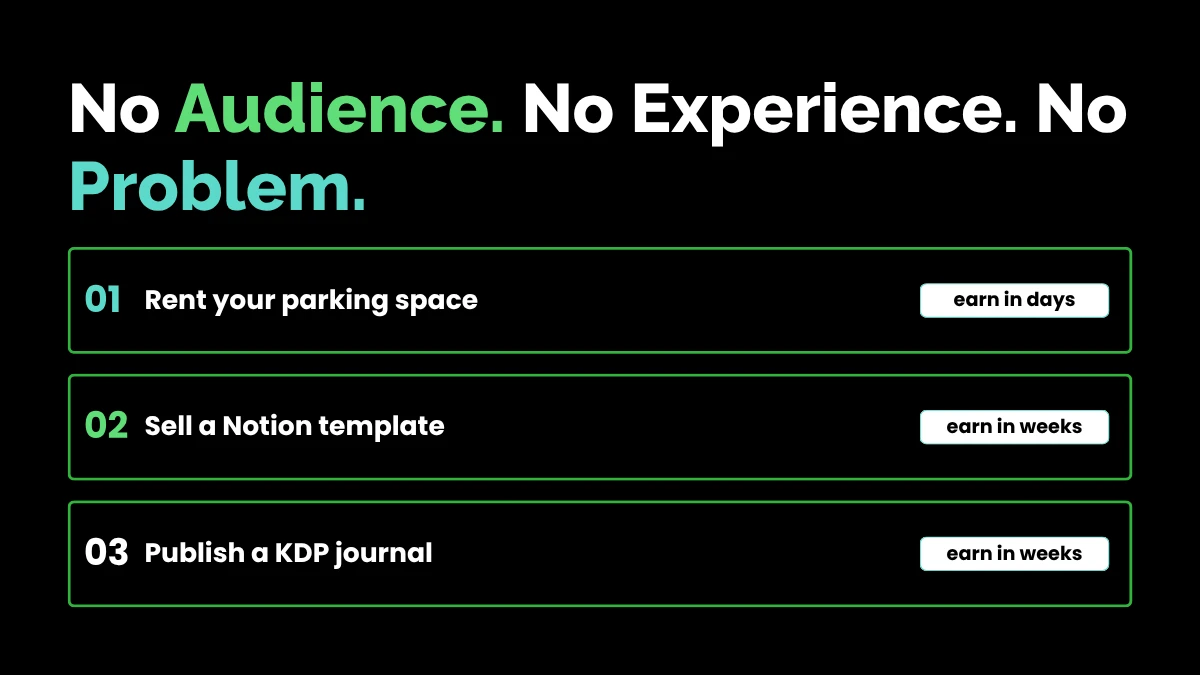 weirdwealth.io | 10 Odd Ways to Make Money While You Sleep Infographic showing low barrier passive income ideas including renting parking space, selling Notion templates, and KDP journals