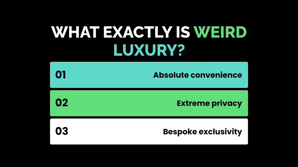 weirdwealth.io | 12 Weird Luxury Purchases Rich People Actually Buy An infographic titled Why Do They Buy It showing three cards: Buying time back, Removing everyday inconveniences, and Value shifts from logos to outcomes.