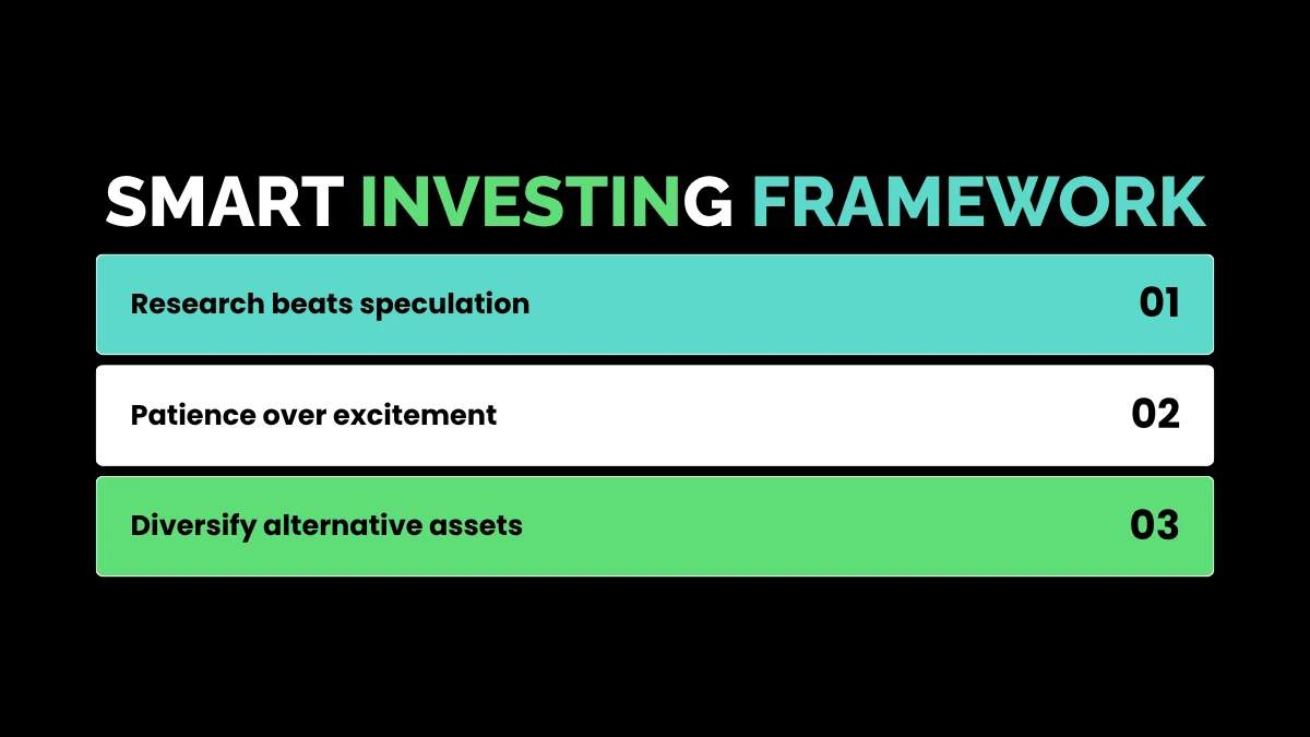 weirdwealth.io | 10 Odd Investments That Made People Rich A summary graphic titled "Smart Investing Framework" featuring three rules: 01 Research beats speculation, 02 Patience over excitement, and 03 Diversify alternative assets.