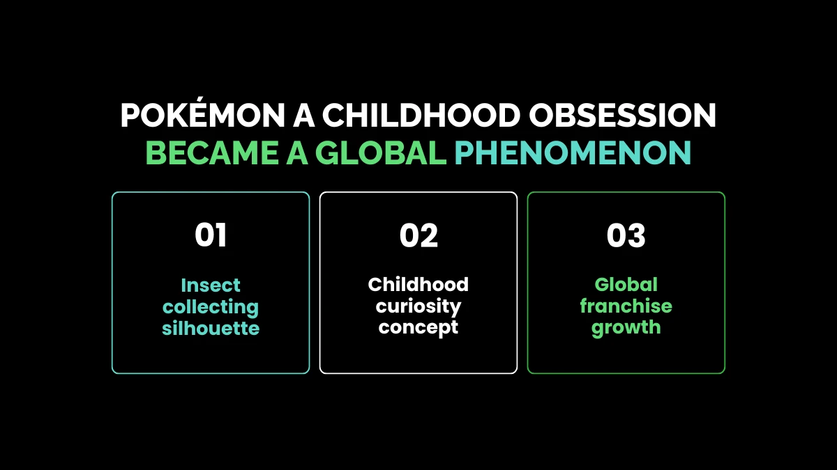 weirdwealth.io | Hobbies That Turned Into Million-Dollar Businesses Graphic showing Satoshi Tajiri's journey from childhood bug collecting to creating the global Pokémon media franchise.