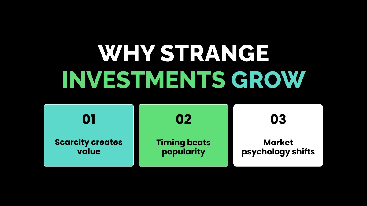 weirdwealth.io | 10 Odd Investments That Made People Rich A three-step graphic titled "Why Strange Investments Grow" featuring: 01 Scarcity creates value, 02 Timing beats popularity, and 03 Market psychology shifts.