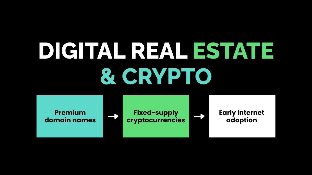 weirdwealth.io | 10 Odd Investments That Made People Rich A process chart titled "Digital Real Estate & Crypto" showing a progression from Premium domain names to Fixed-supply cryptocurrencies, leading to Early internet adoption.