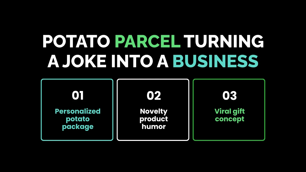 weirdwealth.io | Hobbies That Turned Into Million-Dollar Businesses Breakdown graphic illustrating Potato Parcel's novelty product humor, personalized packages, and viral gift concept.