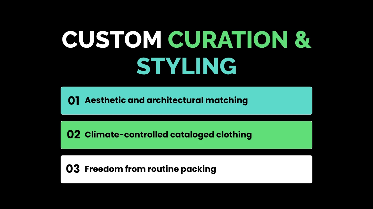 weirdwealth.io | 12 Weird Luxury Purchases Rich People Actually Buy A text-based infographic titled Custom Curation and Styling showing three elements: Aesthetic and architectural matching, Climate-controlled cataloged clothing, and Freedom from routine packing.