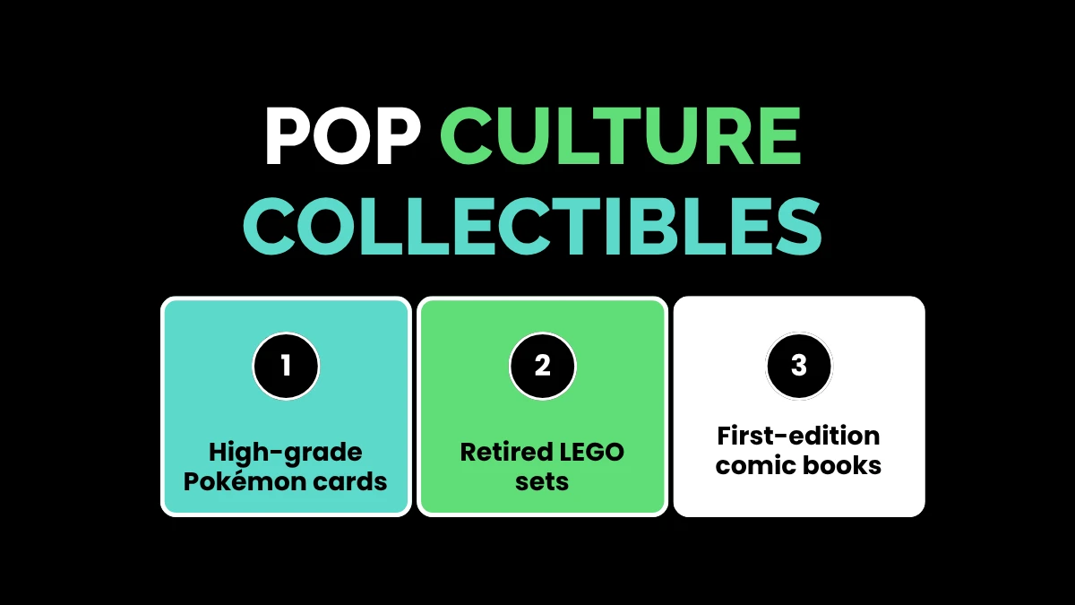 weirdwealth.io | 10 Odd Investments That Made People Rich A graphic titled "Pop Culture Collectibles" highlighting three items: 1 High-grade Pokémon cards, 2 Retired LEGO sets, and 3 First-edition comic books.