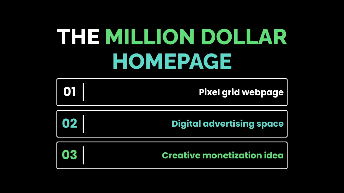 weirdwealth.io | Hobbies That Turned Into Million-Dollar Businesses Infographic detailing Alex Tew's Million Dollar Homepage pixel grid, advertising model, and viral monetization strategy.