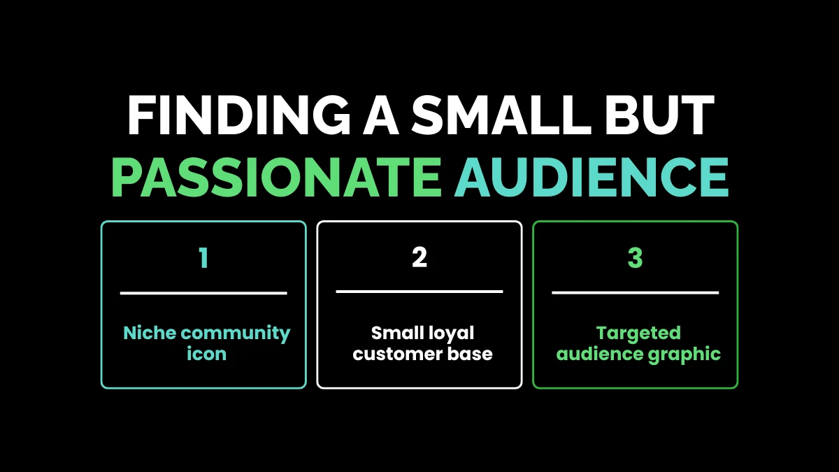 weirdwealth.io | Hobbies That Turned Into Million-Dollar Businesses Infographic displaying three stages of finding a small but passionate audience through niche communities and loyal customer bases.