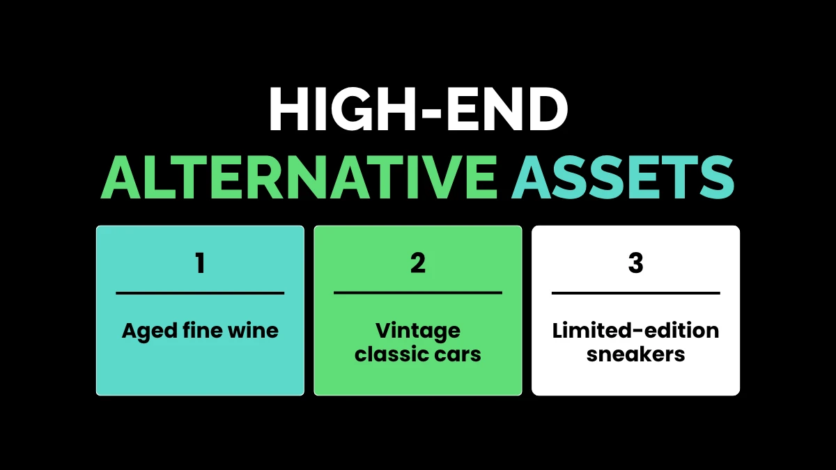weirdwealth.io | 10 Odd Investments That Made People Rich A three-column graphic titled "High-End Alternative Assets" featuring: 1 Aged fine wine, 2 Vintage classic cars, and 3 Limited-edition sneakers.
