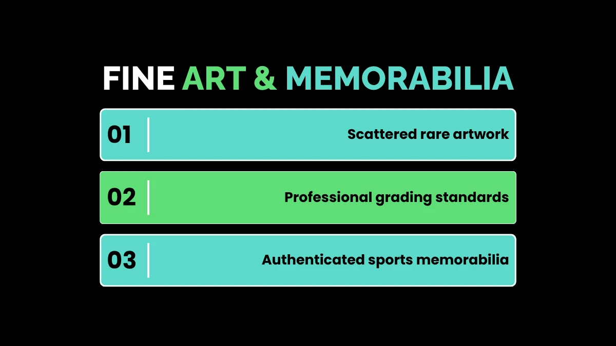 weirdwealth.io | 10 Odd Investments That Made People Rich A list graphic titled "Fine Art & Memorabilia" showing three points: 01 Scattered rare artwork, 02 Professional grading standards, and 03 Authenticated sports memorabilia.