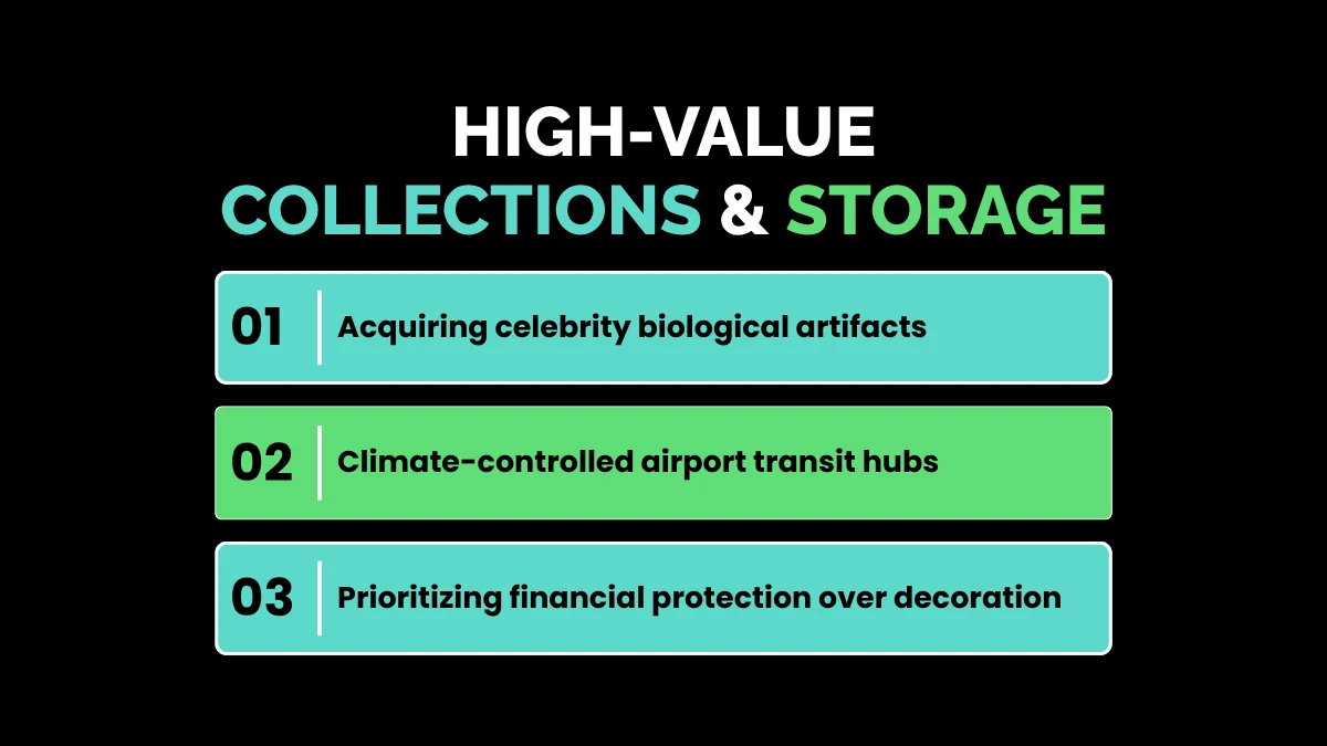 weirdwealth.io | 12 Weird Luxury Purchases Rich People Actually Buy An infographic titled High-Value Collections and Storage showcasing three pillars: Acquiring celebrity biological artifacts, Climate-controlled airport transit hubs, and Prioritizing financial protection over decoration.