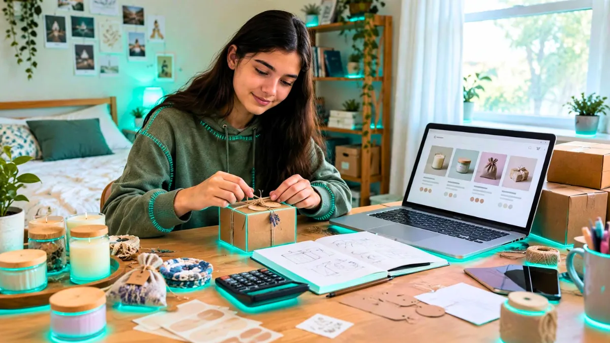 weirdwealth.io | Teen Entrepreneur Success Stories: Young Founders A young woman packing a gift box at a desk with a laptop