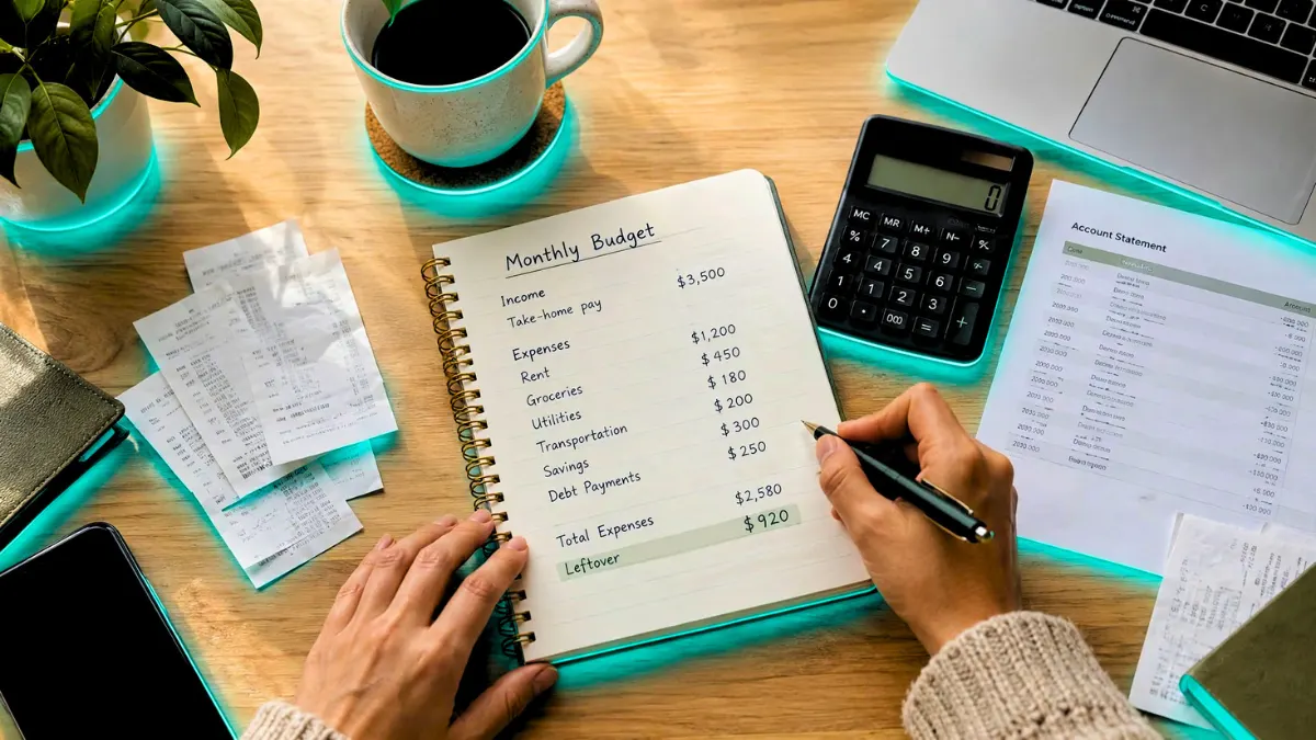 weirdwealth.io | Budgeting for Beginners: Build a Budget That Works in Real Life person writing in a notebook labeled "Monthly Budget" on a desk with a calculator, coffee cup, and receipts.