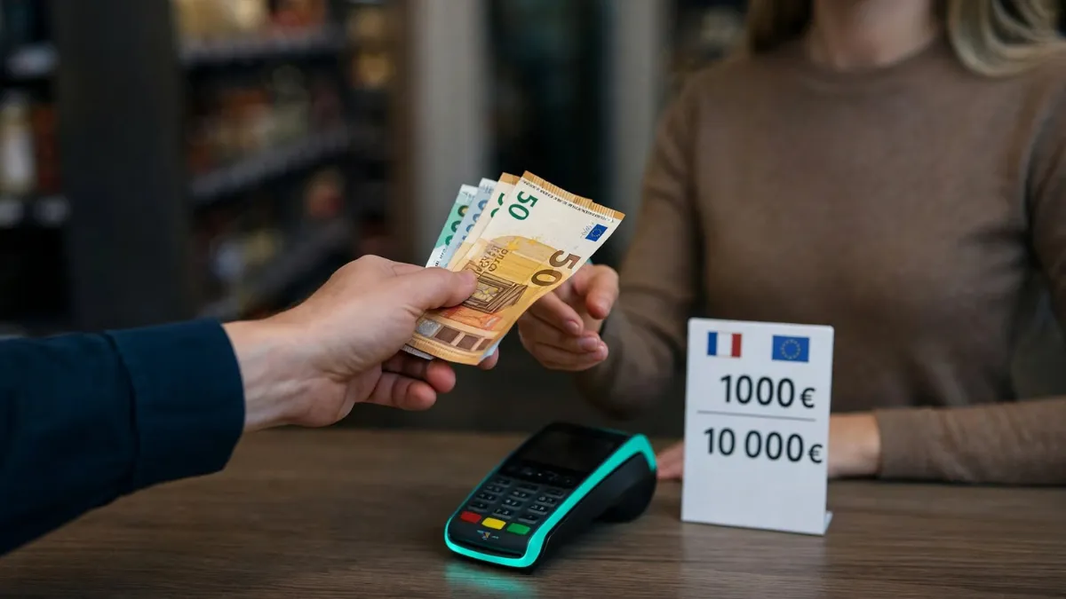weirdwealth.io | 30 Money Habits Worth Copying From Wealthy Business Owners Customer paying with euro banknotes beside a payment terminal and cash limit sign.