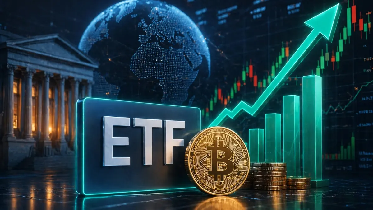 weirdwealth.io | Crypto Funds vs ETFs: Key Differences, Fees, and Risks Crypto ETF showing Bitcoin and Ethereum investments through a stock market chart.