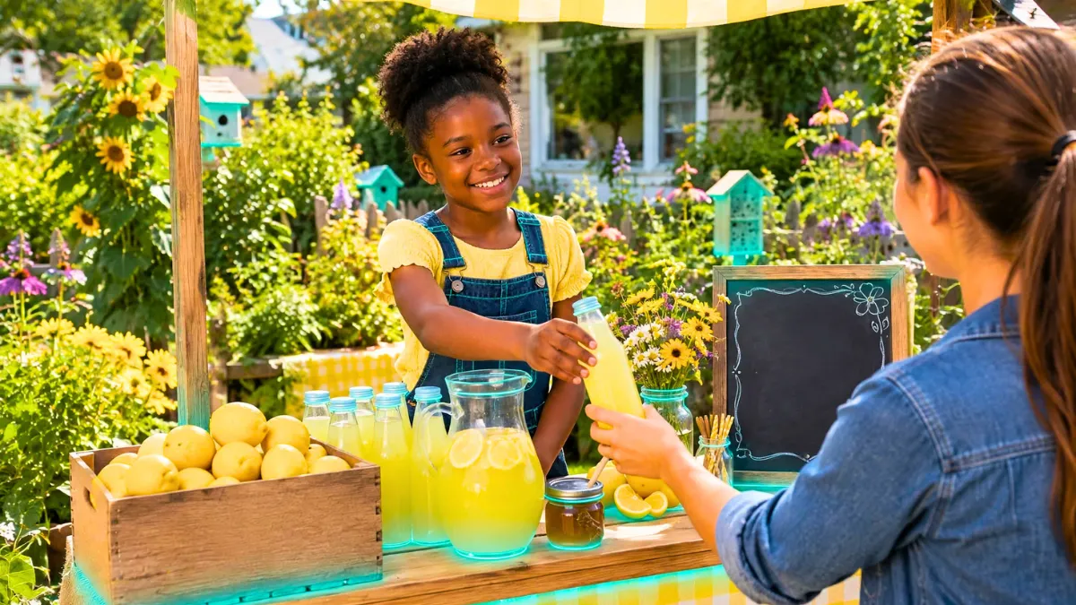weirdwealth.io | Teen Entrepreneur Success Stories: Young Founders A young girl smiling while handing a bottle of lemonade