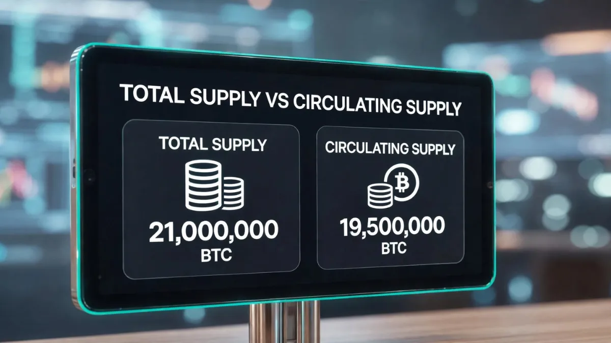 weirdwealth.io | Tokenomics Explained: Circulating Supply, FDV, and Token Unlocks Circulating supply vs. total supply in cryptocurrency, illustrating the difference between coins currently available and the maximum or total coins created.