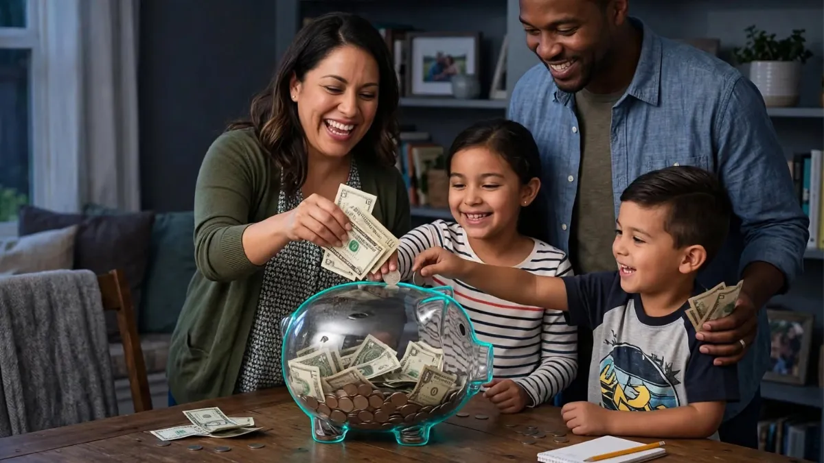 weirdwealth.io | 30 Money Habits Worth Copying From Wealthy Business Owners Smiling family saving money together in a transparent piggy bank.