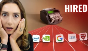 A woman surprised by high-paying AI training jobs from home with logos of Google, Intel, and Nvidia.