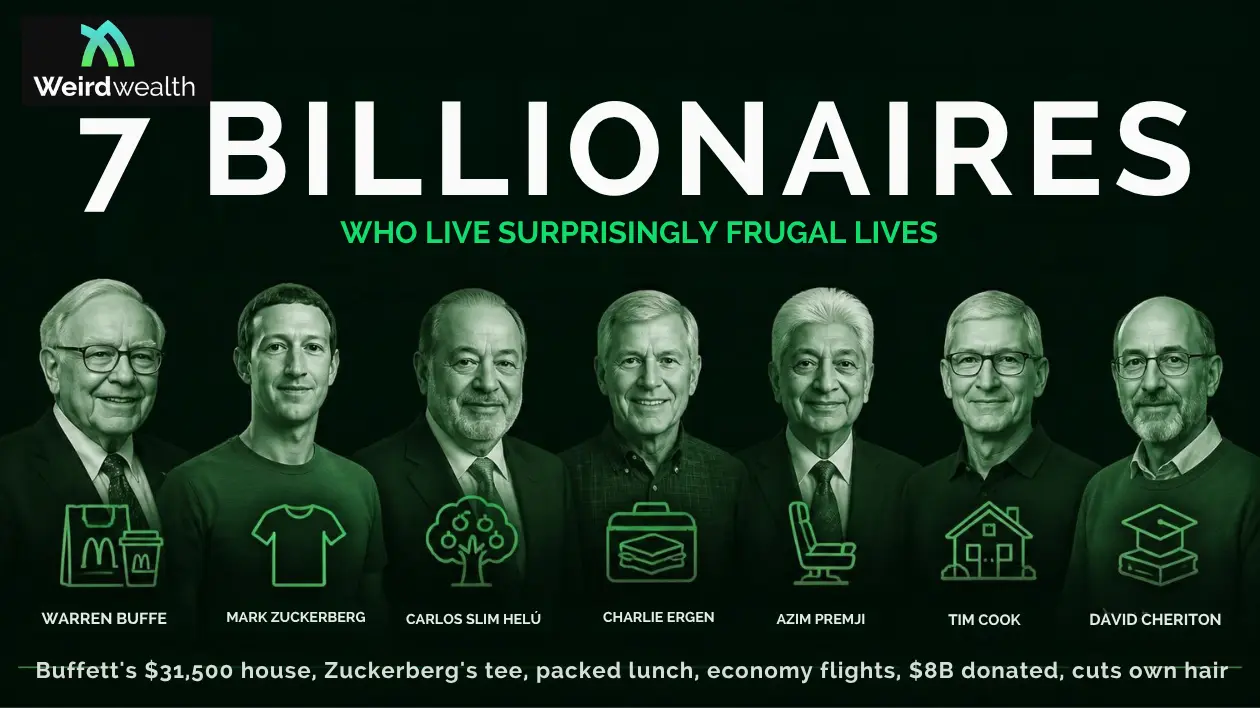 WeirdWealth banner titled Frugal Billionaires featuring graphics representing simple living and wealth without luxury display